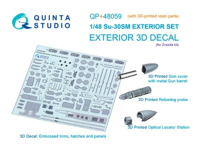 Quinta studio QP+48059 Набор экстерьера Су-30СМ: накладки, лючки и панели, ствол пушки, ОЛС и штанга дозаправки (Звезда) 1/48