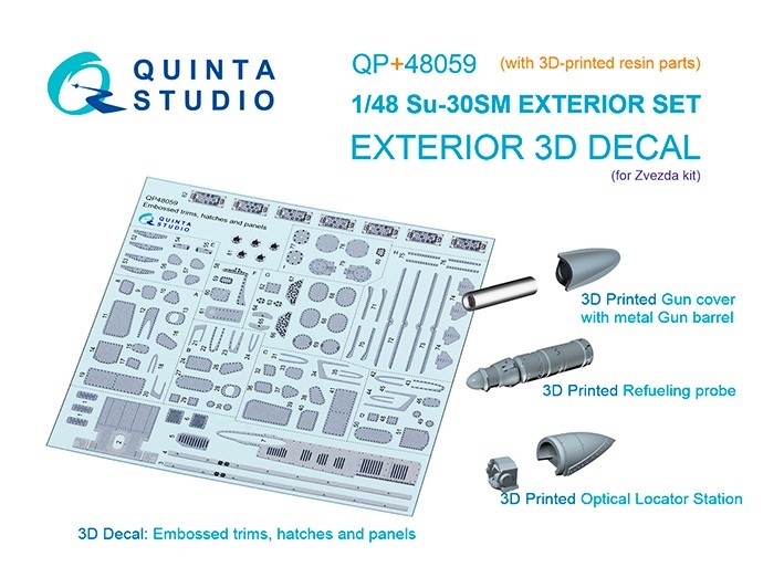 Quinta studio QP+48059 Набор экстерьера Су-30СМ: накладки, лючки и панели, ствол пушки, ОЛС и штанга дозаправки (Звезда) 1/48