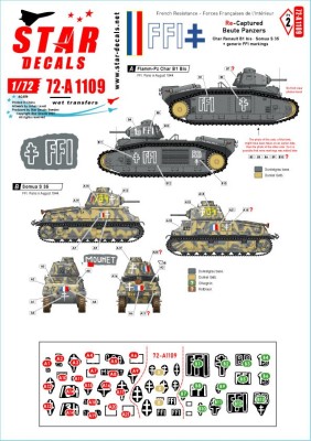 Star Decals 72-A1109 FFI # 2. Re-captured Beute Panzers. Char Renault B1 bis, Somua S 35 + generic FFI markings 1/72