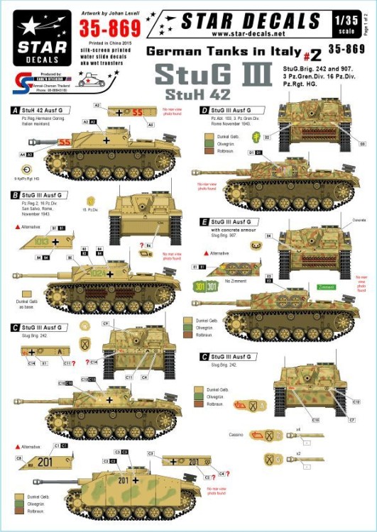 Star Decals STAR35869 German Tanks in Italy #2. Sturmgeschutz/StuG.III Ausf.G and StuH 42Stug.Brig. 242, Stug.Brig. 907, 3 Pz.Gren.Div. 16 Pz.Div.Pz.Regiment HG 1/35