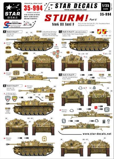 Star Decals STAR35994 Sturm #6. Sturmgeschutz/StuG.III Ausf.F. Sturmgeschutz/StuG.IIIs from Sturmgeschutz/StuG .Abt 201, 210, Grossdeutschland and Sturm Division Rhodos 1/35