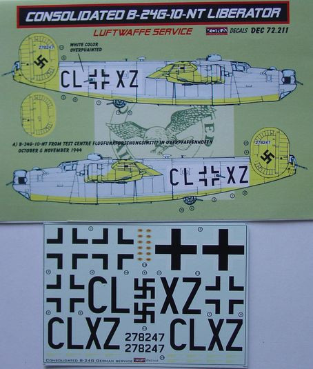 Kora Model DEC72211 Consolidated B-24G-10-NT Luftwaffe декали декали 1/72