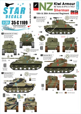 Star Decals 35-C1109 Kiwi Armour # 2. Sherman Mk.III/Mk.VC s &amp; Firefly - NZ 18th and 20th Arm. Reg 1/35