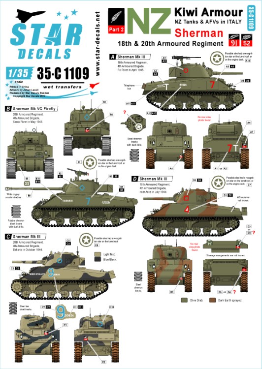 Star Decals 35-C1109 Kiwi Armour # 2. Sherman Mk.III/Mk.VC s & Firefly - NZ 18th and 20th Arm. Reg 1/35