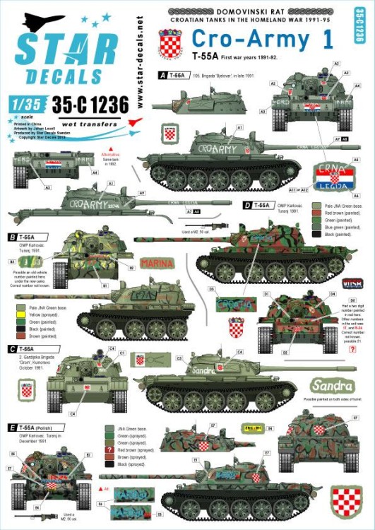 Star Decals 35-C1236 CRO-ARMY # 1. Domovinski Rat / Homeland War 1991-95.T-55A. First war years 1991-92. [Soviet] 1/35