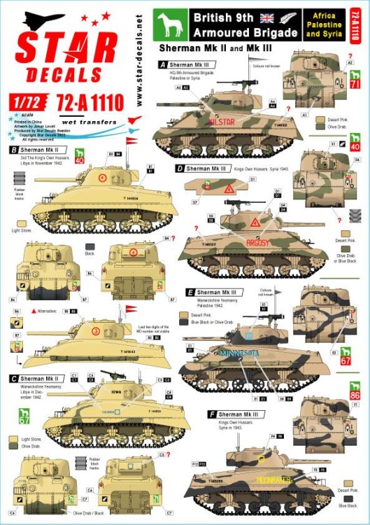 Star Decals 72-A1110 British 9th Armoured Division. Africa, Palestine and Syria. Sherman Mk.II and Sherman Mk.III 1/72