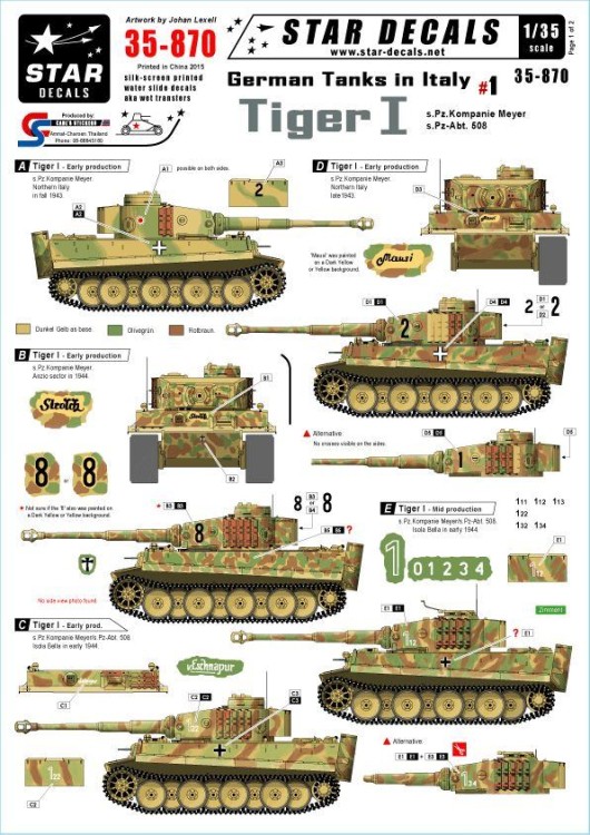 Star Decals STAR35870 German Tanks in Italy #1 - Pz.Kpfw.VI Tiger I. s.Pz.Kp. Meyer, s.Pz.Abt. 508 1/35