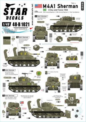 Star Decals 48-B1021 US M4A1 Sherman D-Day and France in 1944 32nd Armored Regiment, 66th Armored Regiment and 741th Tank Bn 1/48