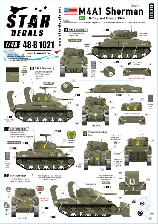 Star Decals 48-B1021 US M4A1 Sherman D-Day and France in 1944 32nd Armored Regiment, 66th Armored Regiment and 741th Tank Bn 1/48