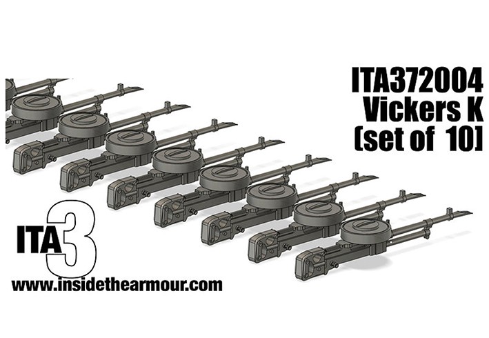 Inside the Armour ITA372004 Vickers K (10 set) 3d-printed a set of ten vickers K guns commonly used on British aircraft 1/72