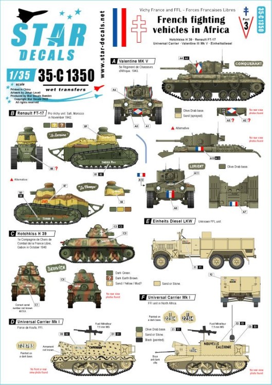 Star Decals 35-C1350 French fighting vehicles in Africa # 3. Hotchkiss H 39, Renault FT-17, Universal Carrier, Valentine III Mk.V 1/35