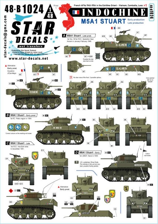 Star Decals 48-B1024 Indochine # 1 French M5A1 Stuart Early and late turrets 1/48