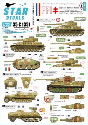 Star Decals 35-C1351 FFI # 1. Captured German Tanks. Pz.Kpfw.IV Ausf.H Late , Sd.Kfz.251 Ausf.D, Panzerwerfer 42, Tiger I , Jagdpanzer 38(t) Hetzer 1/35