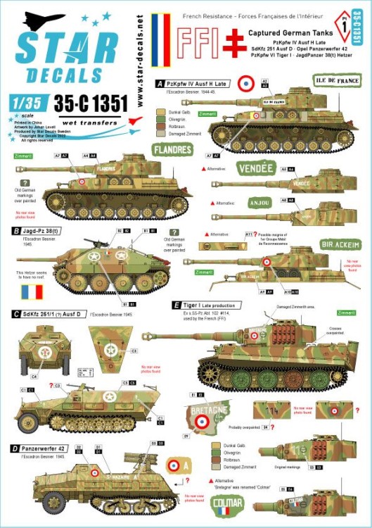 Star Decals 35-C1351 FFI # 1. Captured German Tanks. Pz.Kpfw.IV Ausf.H Late , Sd.Kfz.251 Ausf.D, Panzerwerfer 42, Tiger I , Jagdpanzer 38(t) Hetzer 1/35