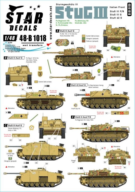 Star Decals 48-B1018 Sturmgeschutz/StuG.III Italian Front. Sturmgeschutz/StuG.III F/8, Sturmgeschutz/StuG.III G, StuH 42 G 1/48