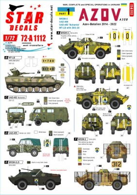 Star Decals 72-A1112 War in Ukraine #1AZOV-Batalion 2014-2022.BRDM-2, UAZ-469, UAZ-452 'Buhanka' and MT-LB with ZSU-23 gun 1/72