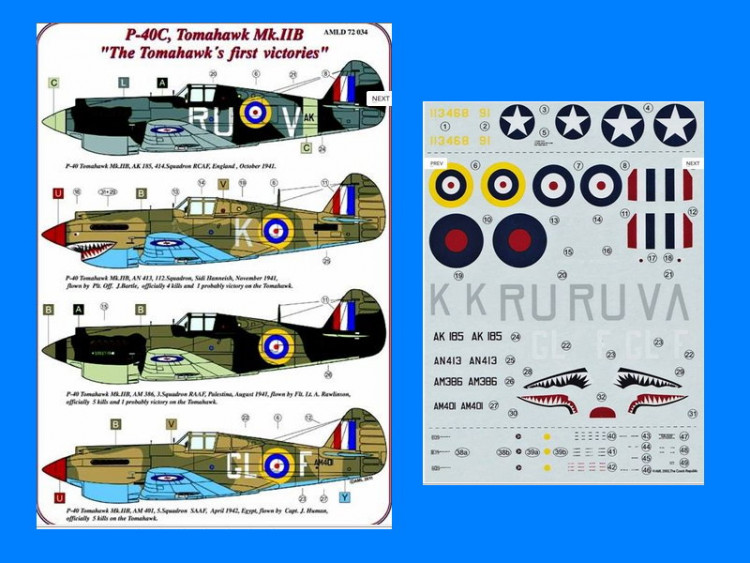 AML AMLD72034 Декали P-40C, Tomahawk Mk.IIB (4x RAF, USAAF) 1/72