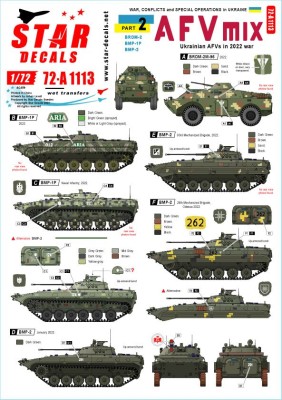 Star Decals 72-A1113 War in Ukraine #2Ukrainian AFVs 2022 war.BRDM-2, BMP-1P and BMP-2 1/72