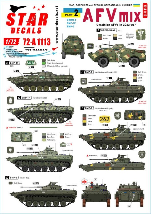 Star Decals 72-A1113 War in Ukraine #2Ukrainian AFVs 2022 war.BRDM-2, BMP-1P and BMP-2 1/72