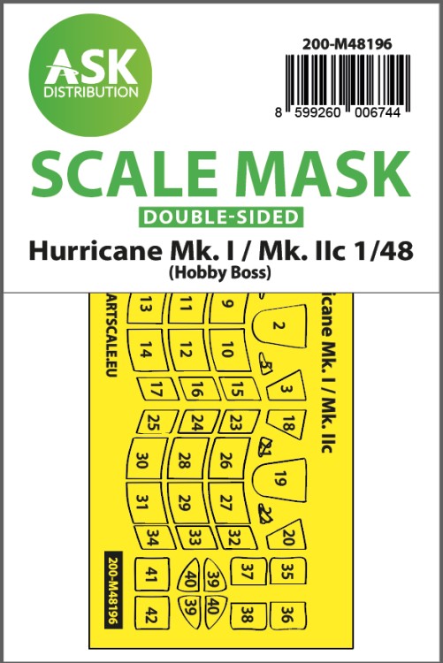 Art Scale 200-M48196 Hawker Hurricane Mk.I / Mk.IIc canopy frame paint mask (inside and outside) 1/48