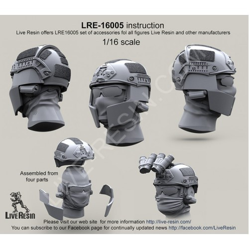 LiveResin LRE16005 Crye Airframe helmet and choops without cover with head, scale 1/16