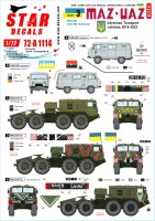 Star Decals 72-A1114 War in Ukraine #3Ukrainian transport vehicles 2014-2022.MAZ-537 tank transporter and UAZ-452 'Buhanka' 1/72