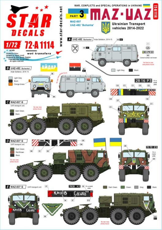 Star Decals 72-A1114 War in Ukraine #3Ukrainian transport vehicles 2014-2022.MAZ-537 tank transporter and UAZ-452 'Buhanka' 1/72