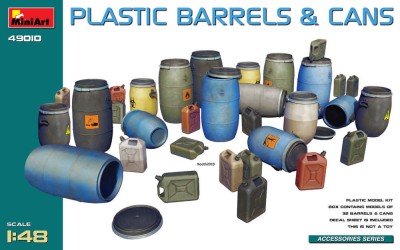Miniart 49010 Plastic Barrels &amp; Cans (32 pcs., incl. decal) 1/48