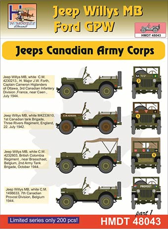 Hm Decals HMDT48043 1/48 Decals J.Willys MB/Ford GPW Can.Army Corps 1