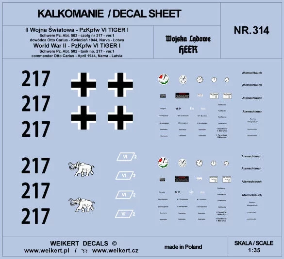 Weikert Decals 314 TIGER I - Otto Carius '217' Schw. April 1944 1/35