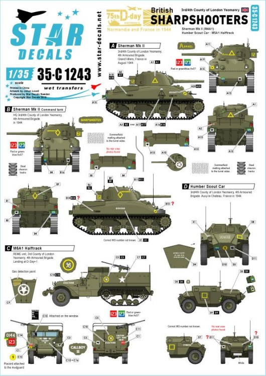 Star Decals 35-C1243 British Sharpshooters. 75th D-Day Special. Shermans and AFVs of 3rd/4th County of London Yeomanry (The Sharpshooters).Sherman Mk.II, Humber Scout Car and M5A1 Halftrack 1/35