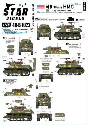 Star Decals 48-B1022 US M8 HMC - 75mm Howitzer. D-Day and France in 1944.66th Armored Regiment, 2nd Armored Division and 5th Armored Division 1/48
