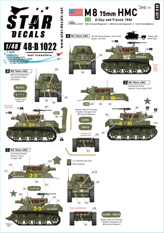 Star Decals 48-B1022 US M8 HMC - 75mm Howitzer. D-Day and France in 1944.66th Armored Regiment, 2nd Armored Division and 5th Armored Division 1/48