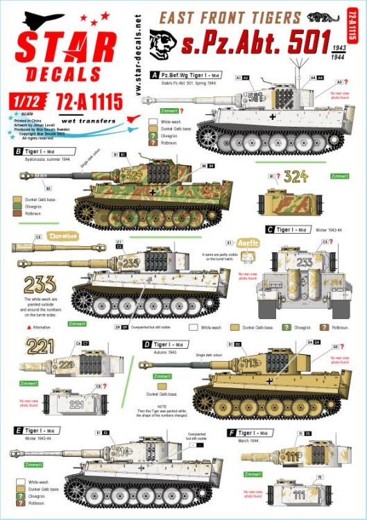 Star Decals 72-A1115 East Front Tigerss.Pz.Abt. 501 1943-44Tiger I and Befehls-Tiger I Mid production 1/72