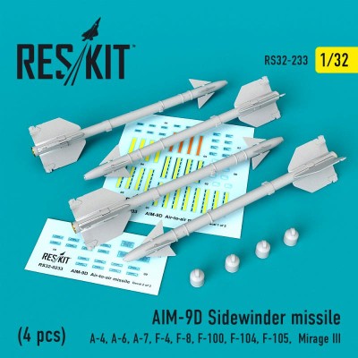 Reskit RS32-0233 AIM-9D Sidewinder missile (4 pcs) A-4, A-6, A-7, F-4, F-8, F-100, F-104, F-105, Mirage III Aademy, Revell, Trumpeter, Kitty Hawk, Tamiya, Hasegawa, Italeri 1/32