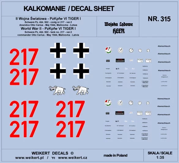 Weikert Decals 315 TIGER I - Otto Carius '217' Schw. May 1944 1/35