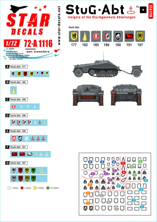 Star Decals 72-A1116 Sturmgeschutz/StuG-Abt #1Generic insignia and unit markings for the SturmgeschГѓВ»tz units.Sturmgeschutz/StuG-Abt 177, Sturmgeschutz/StuG-Abt 182, Sturmgeschutz/StuG-Abt 185, Sturmgeschutz/StuG-Abt 186,Sturmgeschutz/StuG-Abt 190, Stur