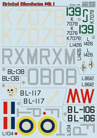 Print Scale 48-081 Bristol Blenheim The complete set 2 leaf Wet decal 1/48