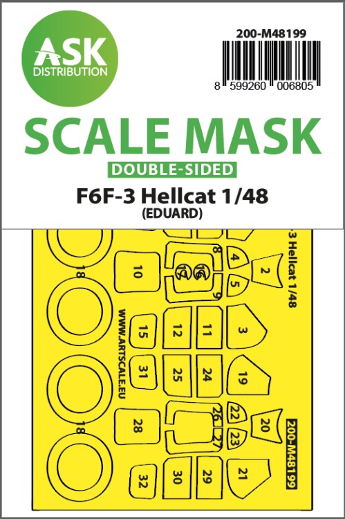 Art Scale 200-M48199 Grumman F6F-3 Hellcat wheels and canopy frame paint mask (inside and outside) 1/48