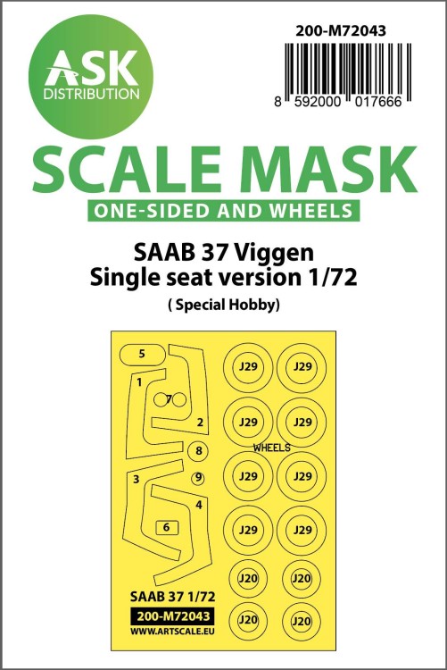 Art Scale 200-M72043 Saab JA-37 Viggen single seater wheels and canopy frame paint masks (outside only) 1/72