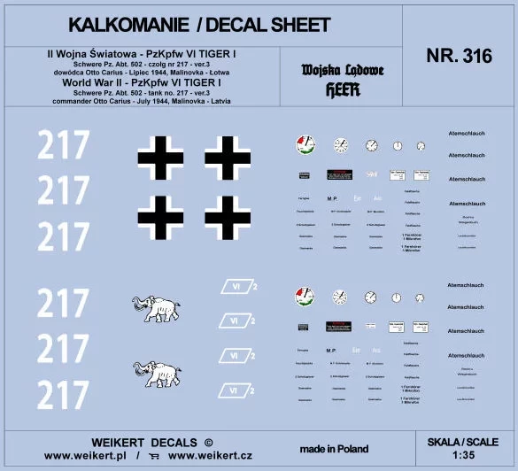 Weikert Decals 316 TIGER I - Otto Carius '217' Schw. July 1944 1/35