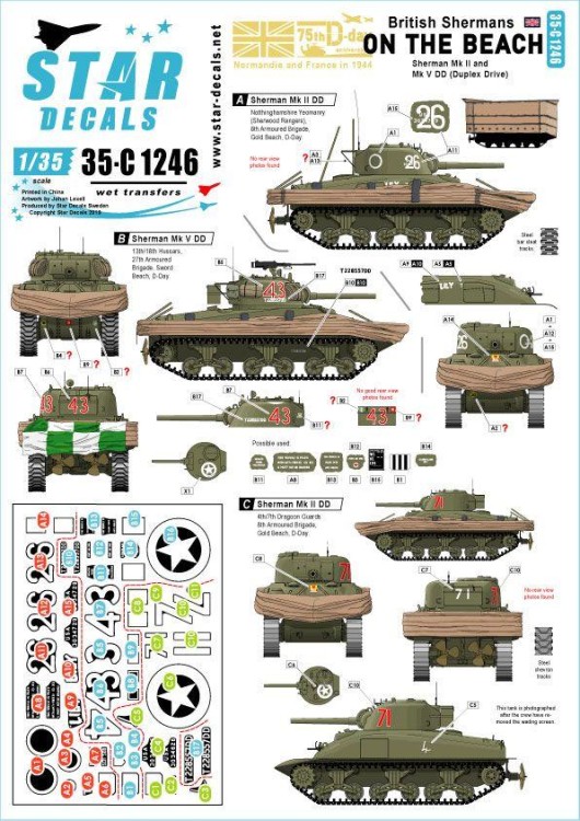 Star Decals 35-C1246 British Shermans on the beach.75th D-Day Special. Sherman Mk.II DD and Mk.V DD (Duplex Drive).Sherwood Rangers Yeomanry, 13th/18th Hussars 1/35