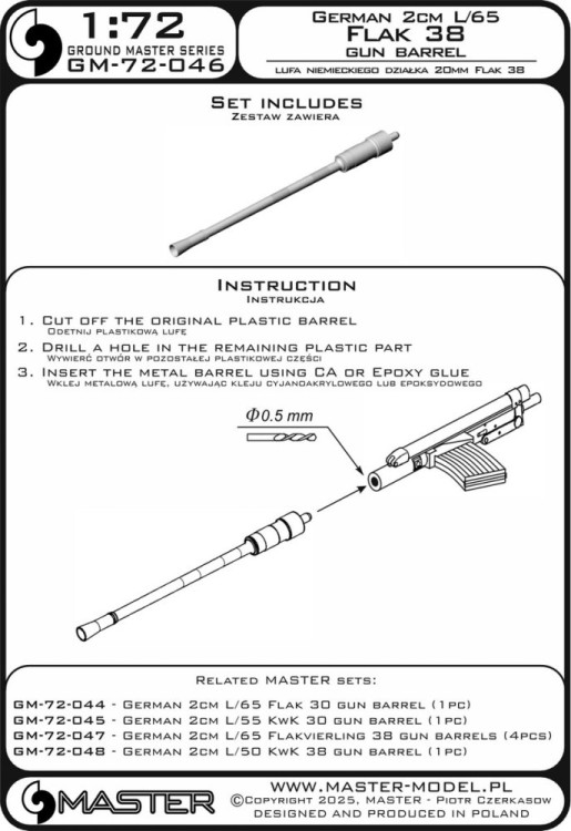 Master (Pl) G72046 German 2cm L/65 Flak 38 gun barrel (1 pc.) 1/72