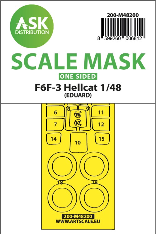 Art Scale 200-M48200 Grumman F6F-3 Hellcat wheels and canopy frame paint mask (outside only) 1/48