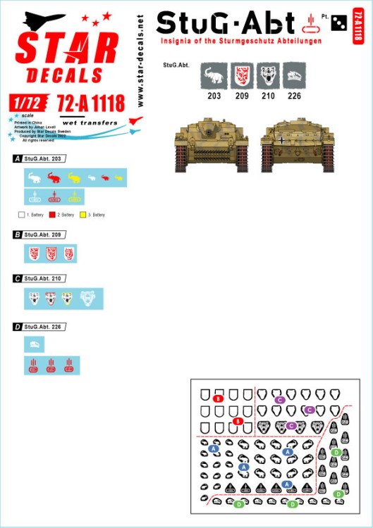 Star Decals 72-A1118 Sturmgeschutz/StuG-Abt #3Generic insignia and unit markings for the SturmgeschГѓВ»tz units.Sturmgeschutz/StuG-Abt 203, Sturmgeschutz/StuG-Abt 209, Sturmgeschutz/StuG-Abt 210 and Sturmgeschutz/StuG-Abt 245 1/72