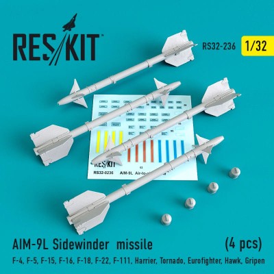 Reskit RS32-0236 AIM-9L Sidewinder missile (4 pcs) F4, F-5, F-15, F-16, F-18, F-22, F-111, Harrier, Tornado, Eurofighter, Hawk, Gripen Aademy, Revell, Trumpeter, Kitty Hawk, Tamiya, Hasegawa, Italeri 1/32