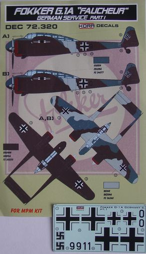 Kora Model DEC72320 Decal Fokker G.1A 'Faucheur' German (MPM) I. декали декали 1/72