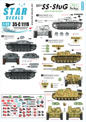 Star Decals 35-C1119 SS-Sturmgeschutz/StuG # 3. 2. SS-Das Reich. Sturmgeschutz/StuG.III Ausf.B and Ausf.G. Including 'York', 'Ziethen', 'Derfflinger', 'Florian Geyer', 'Bismarck', 'Gotz von Berlichingen', 'Schinderhannes'.SS - Sturmgeschutz/StuG # 3. Das