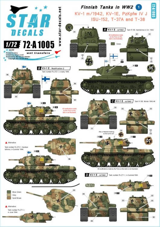 Star Decals 72-A1005 Finnish Tanks in WWII #1. KV-1, Pz.Kpfw.IV, ISU-152, T-37 and T-38 Amphibious Tanks [Soviet ] 1/72