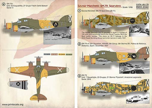 Print Scale 48-175 SM-79 Sparviero in Spanish Civil War (decals) 1/48